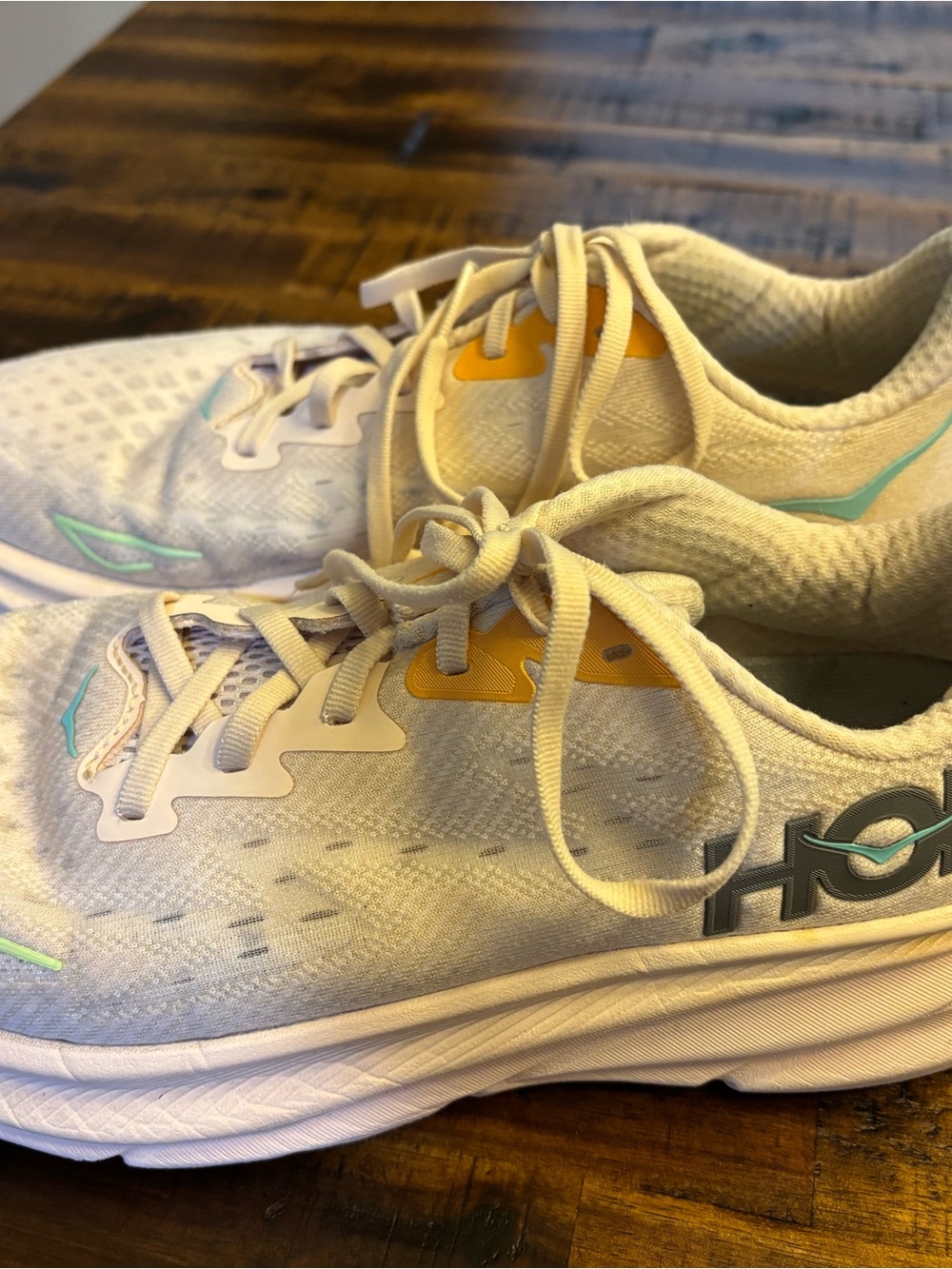 Hoka Cream Athletic Shoes with Yellow and Mint Accents